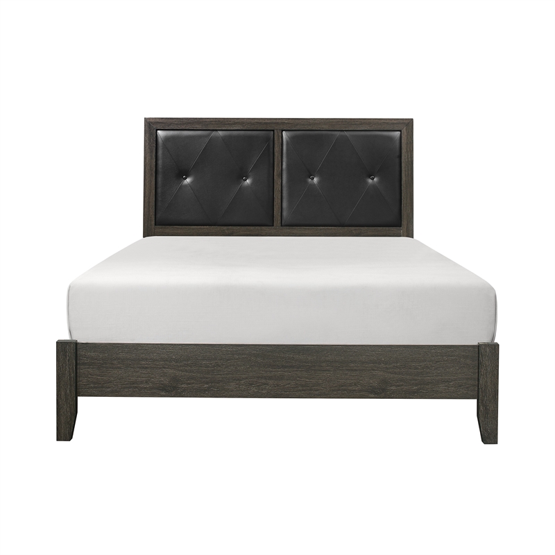 Din Full Size Bed- Button Tufted Faux Leather Upholstery- Gray Wood Veneer