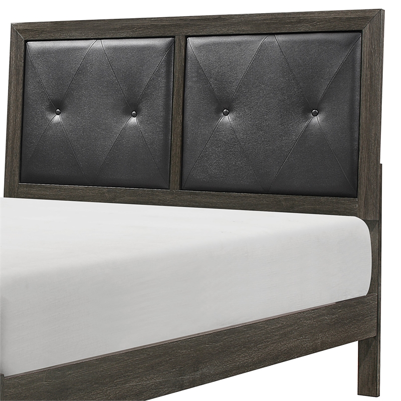 Din Full Size Bed- Button Tufted Faux Leather Upholstery- Gray Wood Veneer