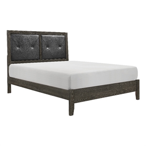 Din Full Size Bed- Button Tufted Faux Leather Upholstery- Gray Wood Veneer