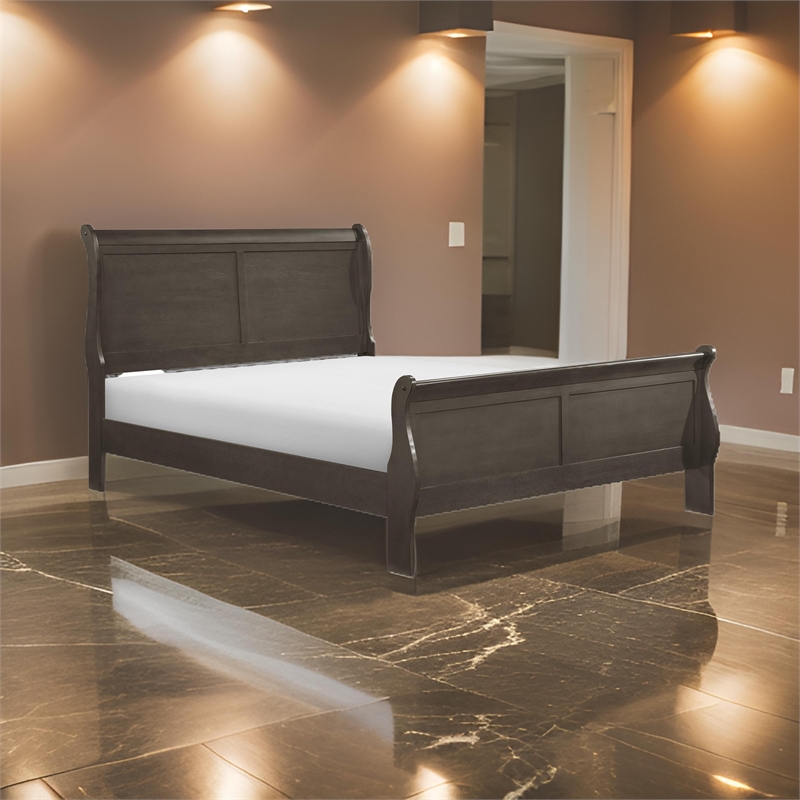 Vele Queen Size Bed with Panel Headboard- Sleigh Design- Gray Wood Finish
