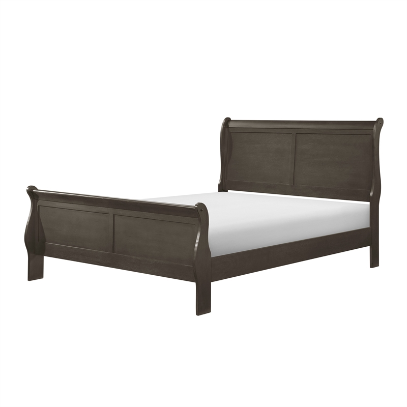 Vele Queen Size Bed with Panel Headboard- Sleigh Design- Gray Wood Finish
