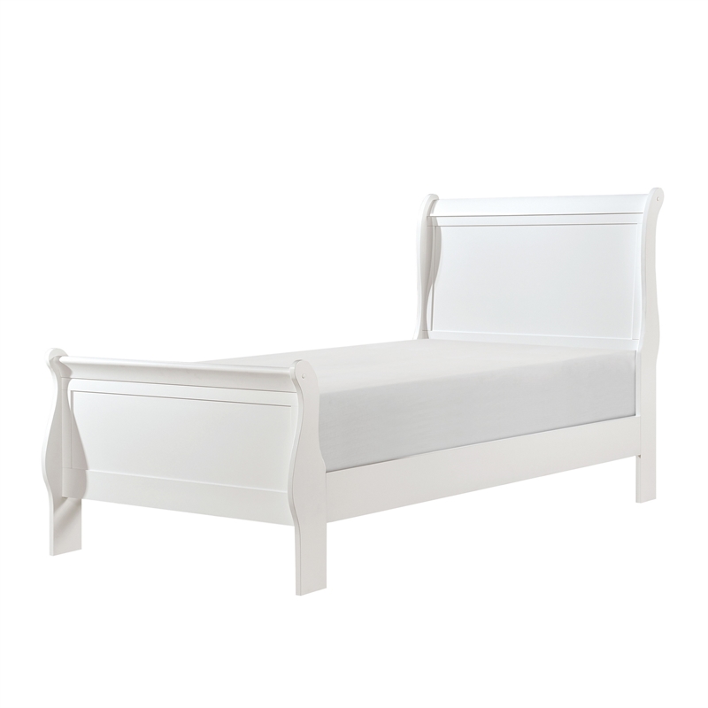 Vele Twin Size Bed with Panel Headboard- Sleigh Design- White Wood Finish