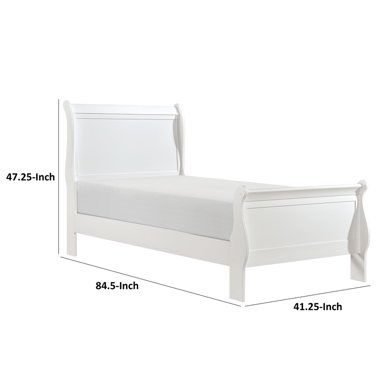 Vele Twin Size Bed with Panel Headboard- Sleigh Design- White Wood Finish