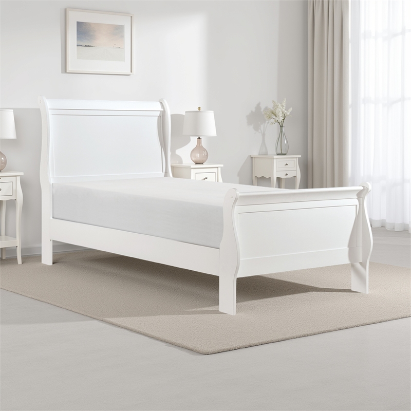Vele Twin Size Bed with Panel Headboard- Sleigh Design- White Wood Finish