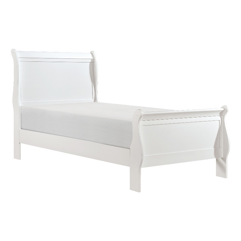 Vele Twin Size Bed with Panel Headboard- Sleigh Design- White Wood Finish