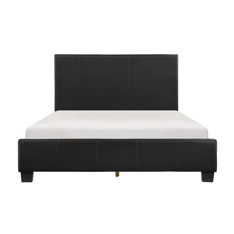 Renz Queen Size Platform Bed- Black Faux Leather Upholstery- Wood Frame