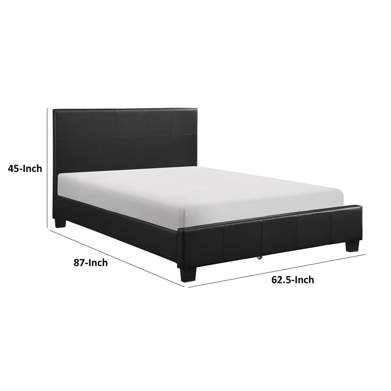 Renz Queen Size Platform Bed- Black Faux Leather Upholstery- Wood Frame