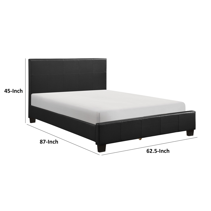 Renz Queen Size Platform Bed- Black Faux Leather Upholstery- Wood Frame