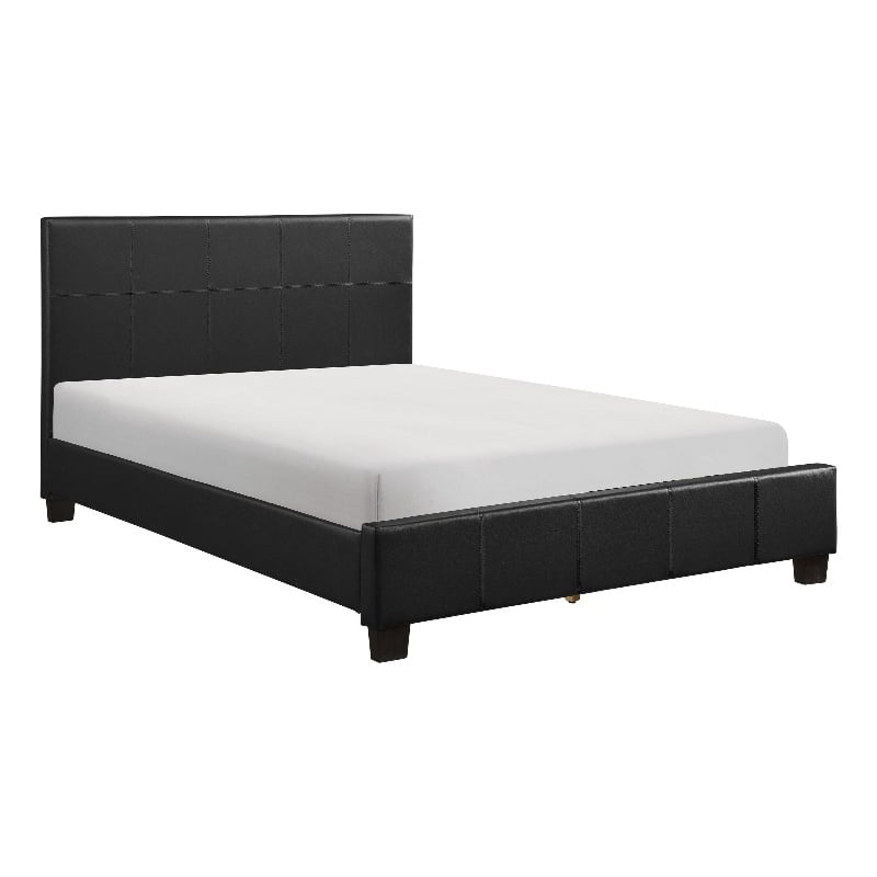 Renz Queen Size Platform Bed- Black Faux Leather Upholstery- Wood Frame
