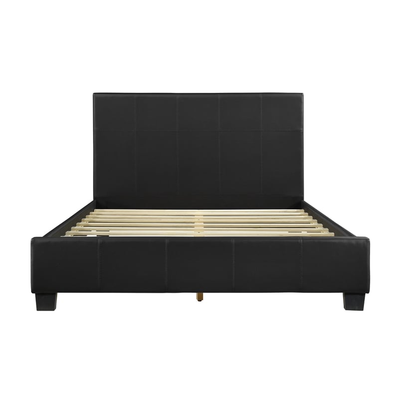 Renz Queen Size Platform Bed- Black Faux Leather Upholstery- Wood Frame