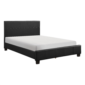 Renz Queen Size Platform Bed- Black Faux Leather Upholstery- Wood Frame