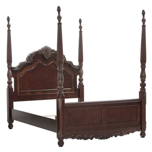Park Queen Size Poster Bed with Shell Motifs and Burl Inlays- Brown Veneer