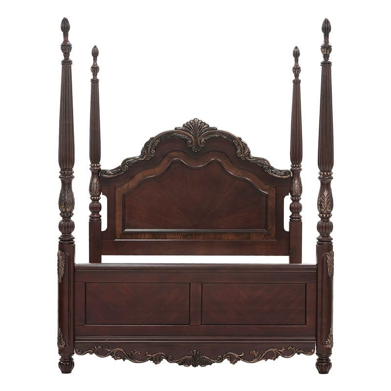 Park Queen Size Poster Bed with Shell Motifs and Burl Inlays- Brown Veneer