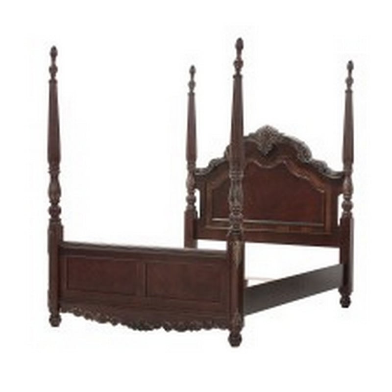 Park Queen Size Poster Bed with Shell Motifs and Burl Inlays- Brown Veneer