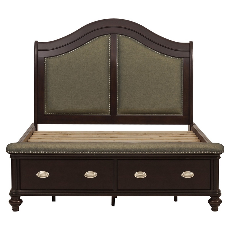 Stoe Queen Sleigh Bed- Padded Headboard- Storage Footboard- Brown Wood
