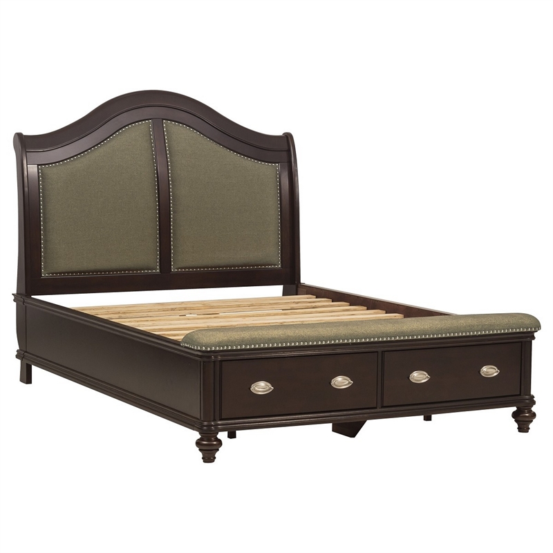 Stoe Queen Sleigh Bed- Padded Headboard- Storage Footboard- Brown Wood