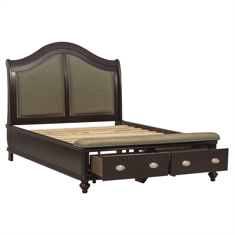 Stoe Queen Sleigh Bed- Padded Headboard- Storage Footboard- Brown Wood