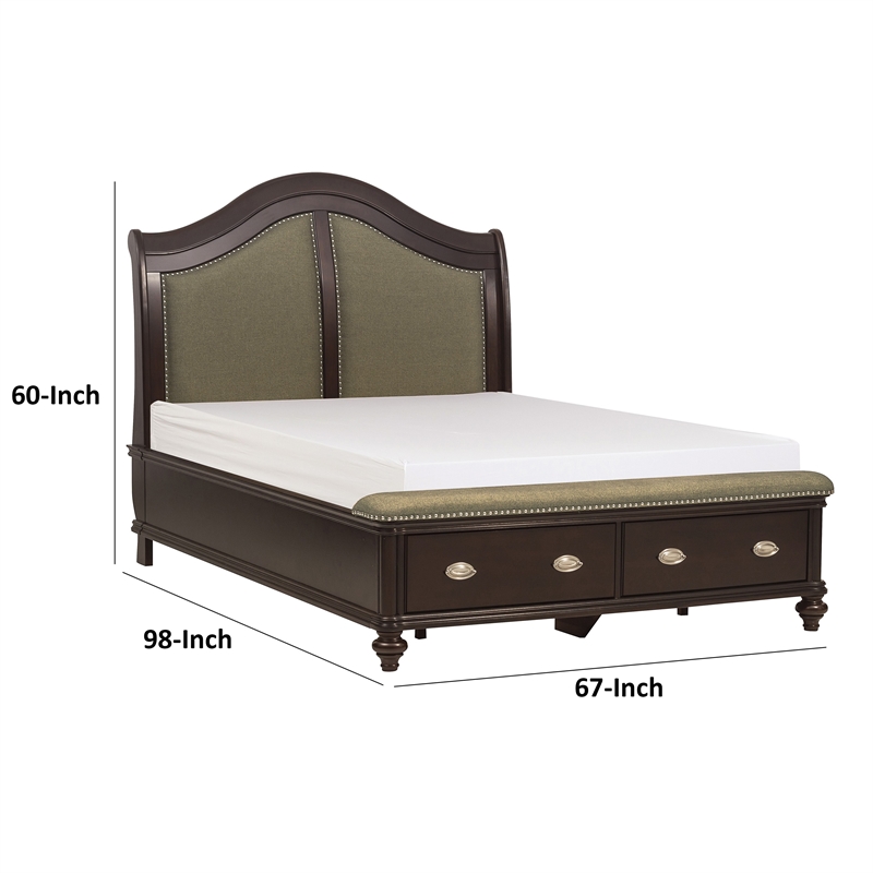 Stoe Queen Sleigh Bed- Padded Headboard- Storage Footboard- Brown Wood