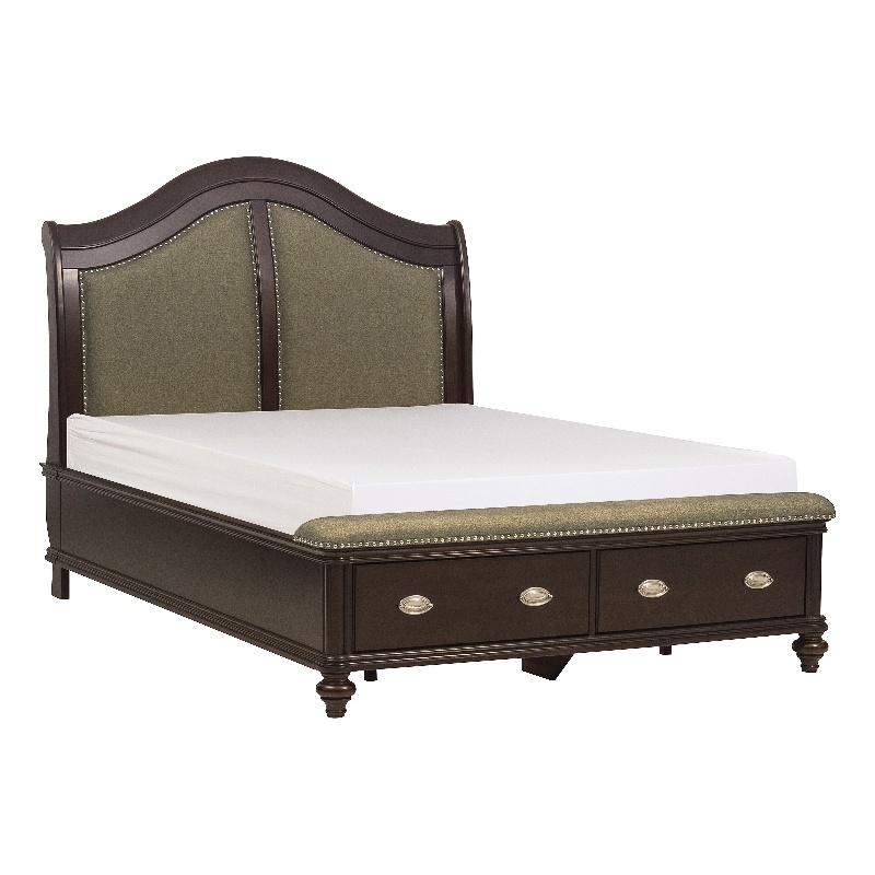Stoe Queen Sleigh Bed- Padded Headboard- Storage Footboard- Brown Wood
