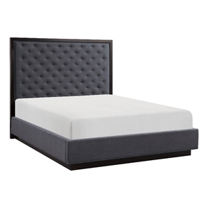 Tey Queen Size Bed with Button Tufted Headboard- Gray Fabric- Ash Veneer
