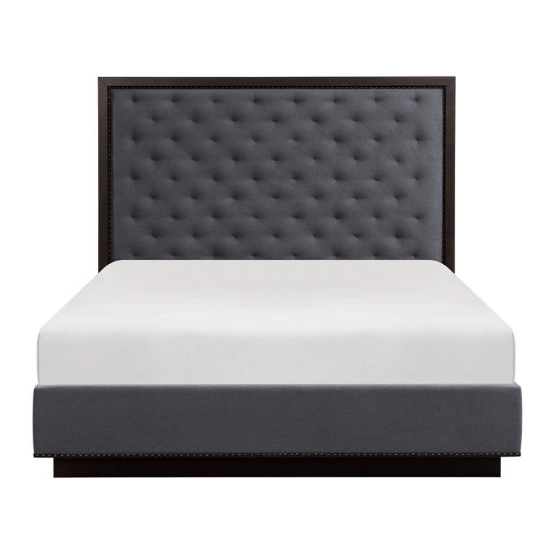 Tey Queen Size Bed with Button Tufted Headboard- Gray Fabric- Ash Veneer