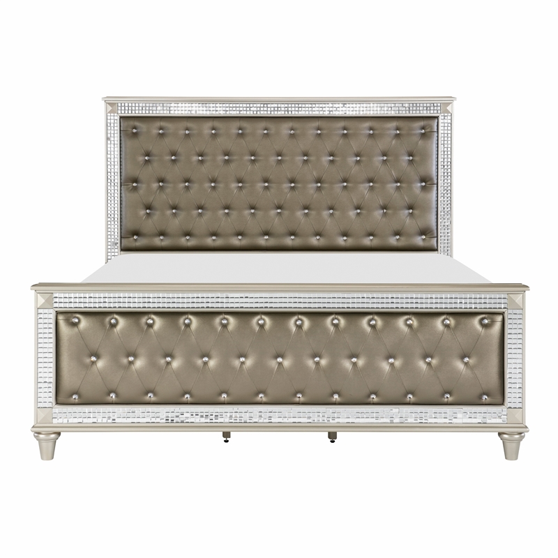 Juhi Queen Size Bed- Button Tufted Gray Faux Leather- Crystals Trim- Wood