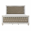 Juhi Queen Size Bed- Button Tufted Gray Faux Leather- Crystals Trim- Wood