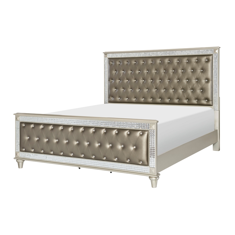 Juhi Queen Size Bed- Button Tufted Gray Faux Leather- Crystals Trim- Wood