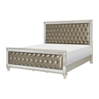 Juhi Queen Size Bed- Button Tufted Gray Faux Leather- Crystals Trim- Wood