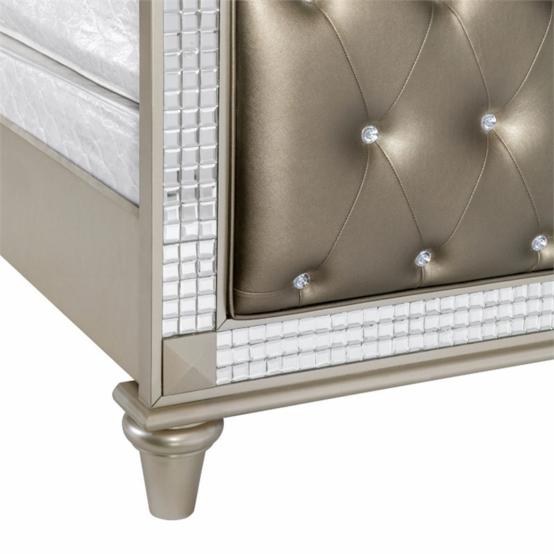 Juhi Queen Size Bed- Button Tufted Gray Faux Leather- Crystals Trim- Wood