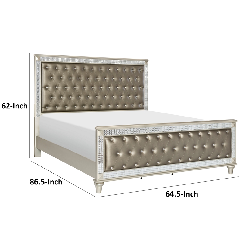 Juhi Queen Size Bed- Button Tufted Gray Faux Leather- Crystals Trim- Wood