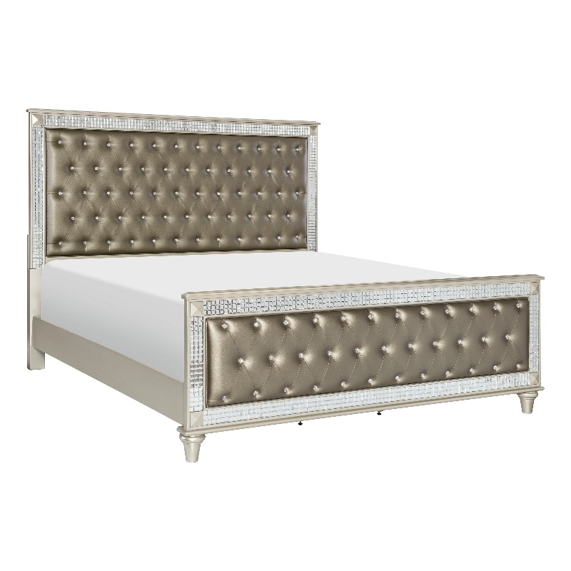 Juhi Queen Size Bed- Button Tufted Gray Faux Leather- Crystals Trim- Wood