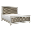 Juhi Queen Size Bed- Button Tufted Gray Faux Leather- Crystals Trim- Wood