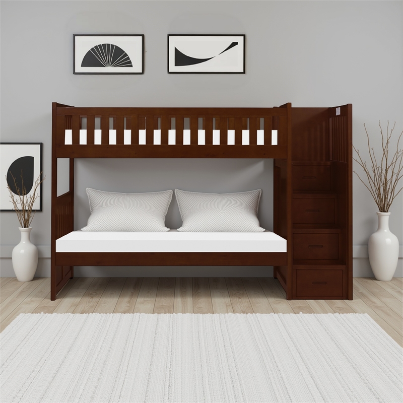 Catherine Twin over Twin Bunk Bed- Storage Step- Solid Wood- Dark Brown
