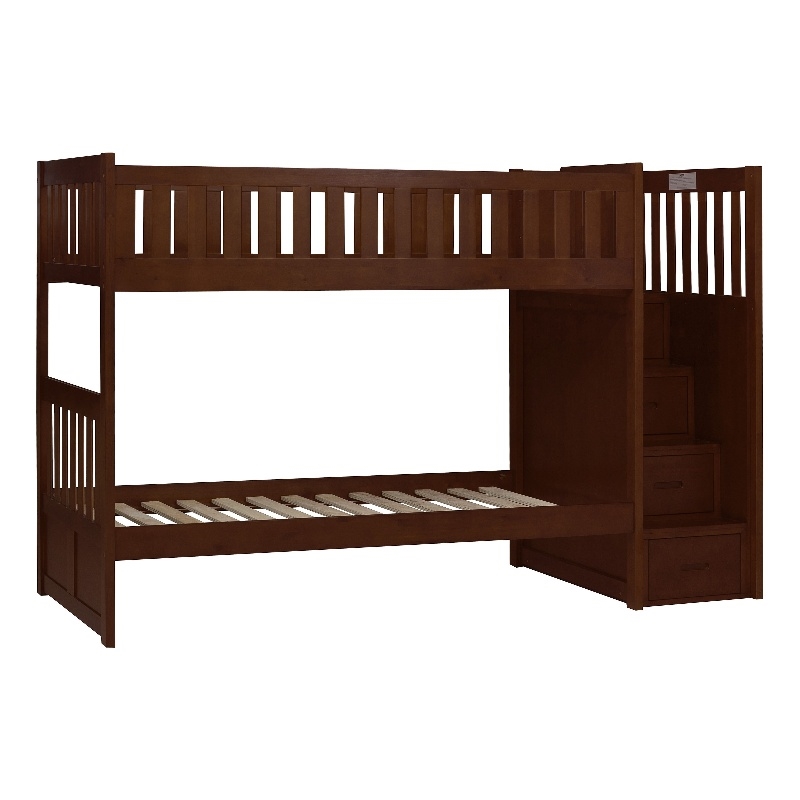 Catherine Twin over Twin Bunk Bed- Storage Step- Solid Wood- Dark Brown