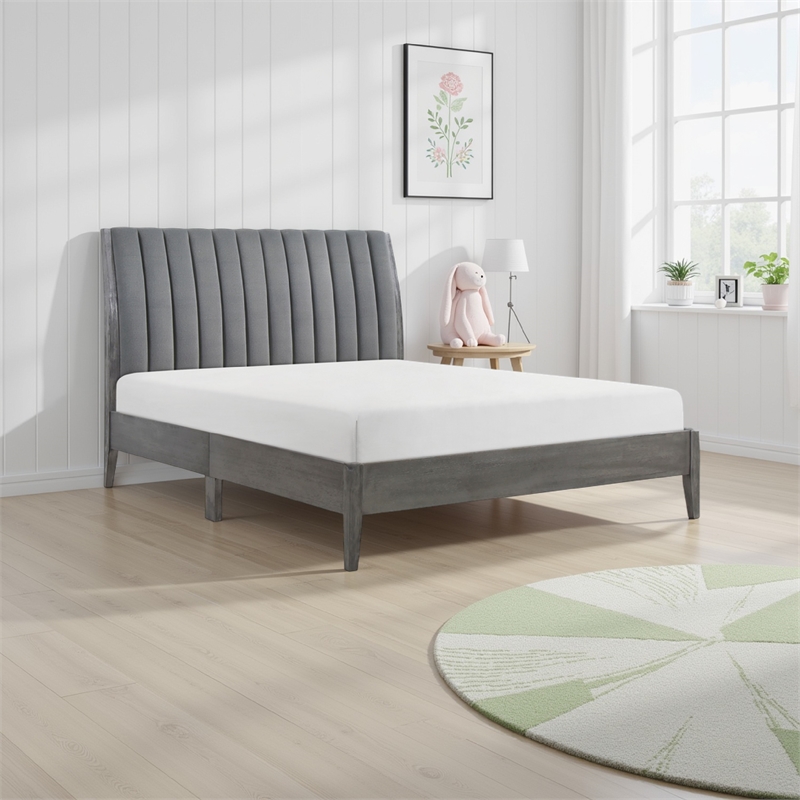 Ryla King Size Platform Bed- Gray Tufted Velvet Upholstered Panel Headboard