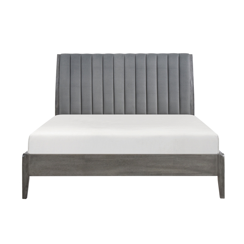 Ryla King Size Platform Bed- Gray Tufted Velvet Upholstered Panel Headboard