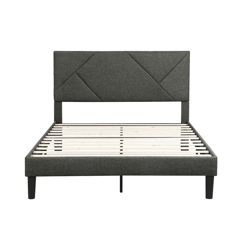 Heny Full Platform Bed- Wood- Panel Headboard- Gray Polyester Upholstery