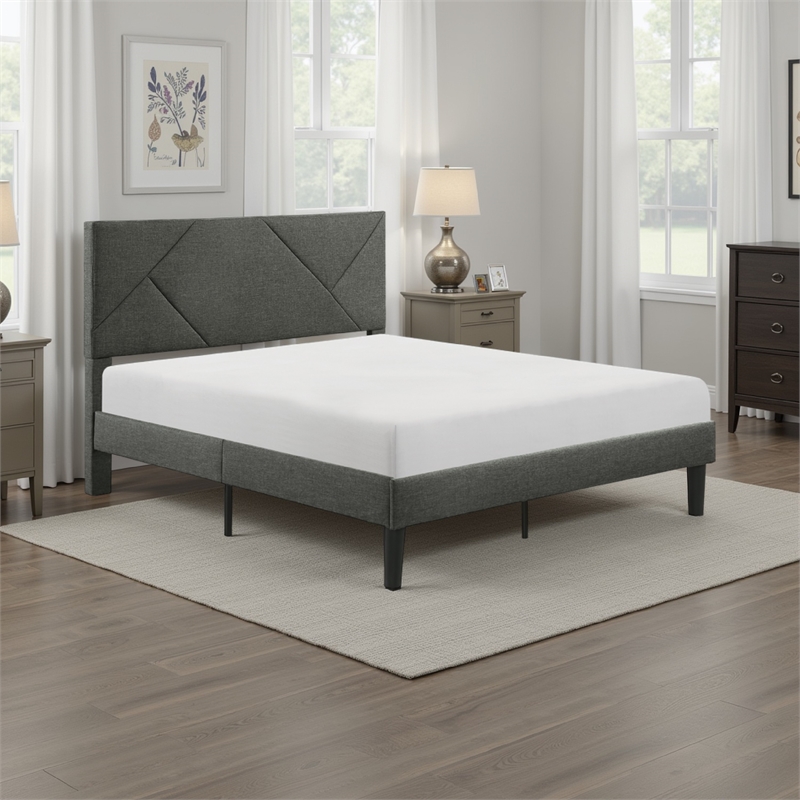 Heny Full Platform Bed- Wood- Panel Headboard- Gray Polyester Upholstery