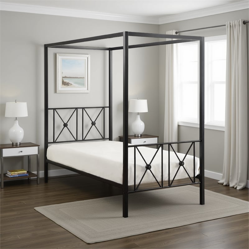 Lone Metal Canopy Bed Twin Size- Square Posts- Platform Base- Modern Black