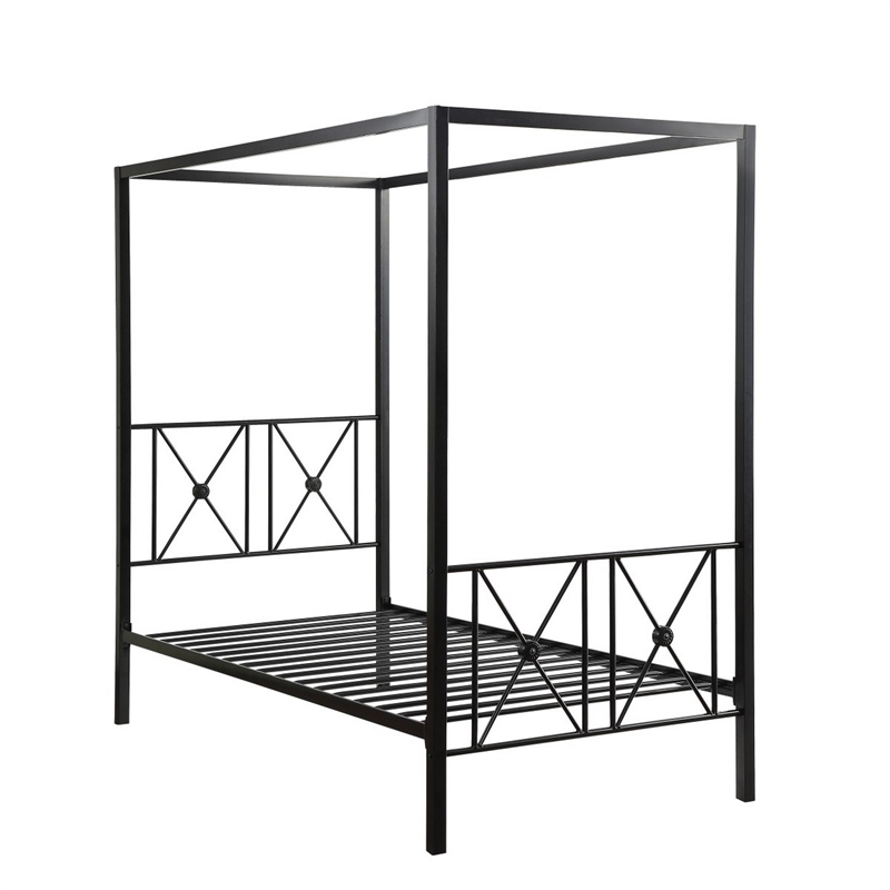 Lone Metal Canopy Bed Twin Size- Square Posts- Platform Base- Modern Black