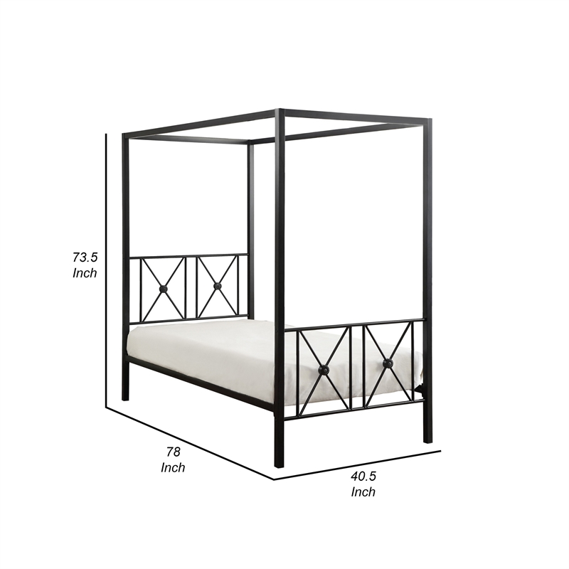 Lone Metal Canopy Bed Twin Size- Square Posts- Platform Base- Modern Black