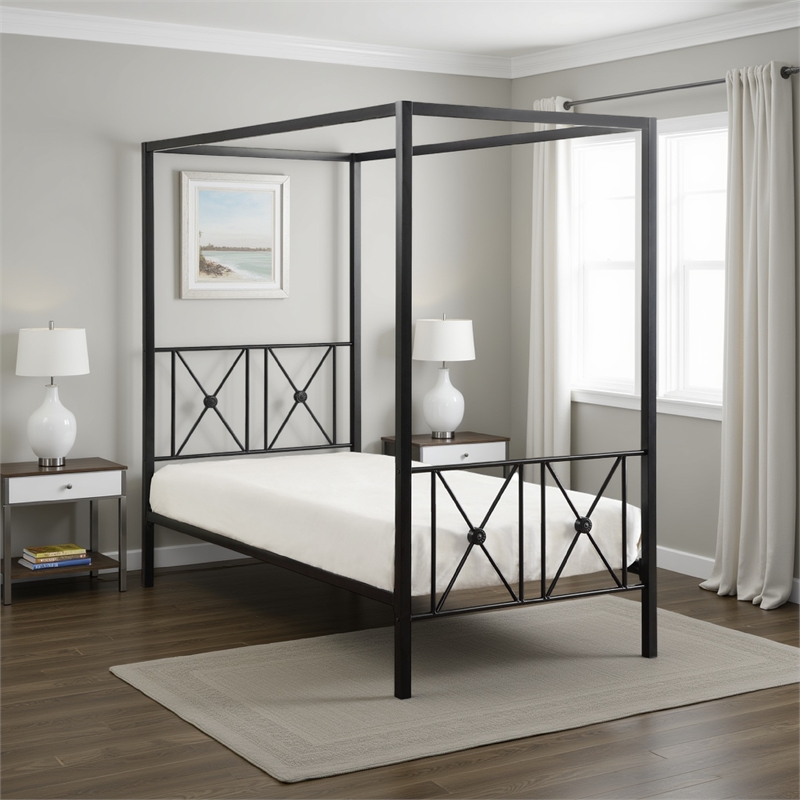 Lone Metal Canopy Bed Twin Size- Square Posts- Platform Base- Modern Black
