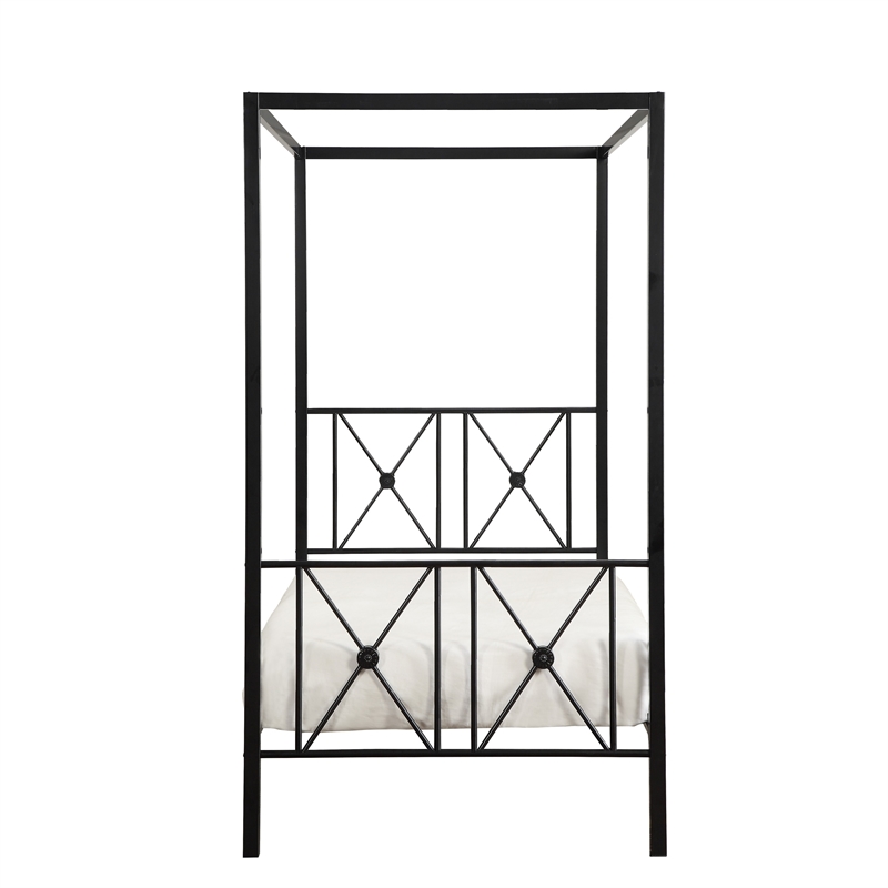 Lone Metal Canopy Bed Twin Size- Square Posts- Platform Base- Modern Black