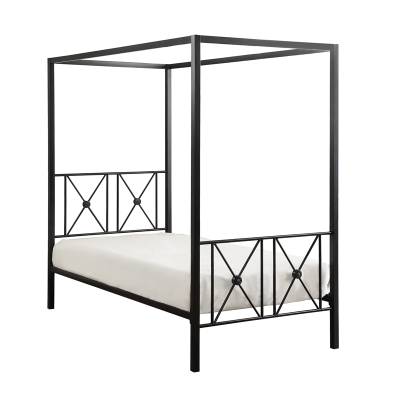 Lone Metal Canopy Bed Twin Size- Square Posts- Platform Base- Modern Black