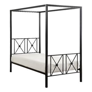 Lone Metal Canopy Bed Twin Size- Square Posts- Platform Base- Modern Black