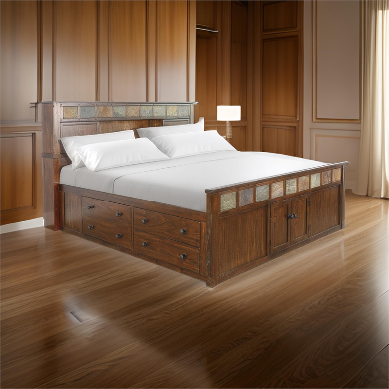 Odell King Size Bed w Storage Footboard- Bookcase Headboard- Brown