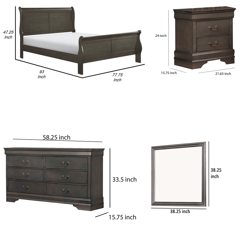 Fy Four Piece California King Bedroom Set- Brass Metal Handles- Stained Gray