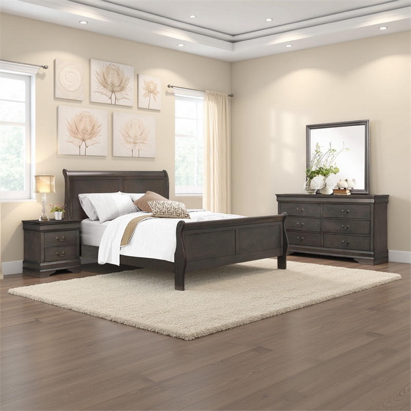Fy Four Piece California King Bedroom Set- Brass Metal Handles- Stained Gray