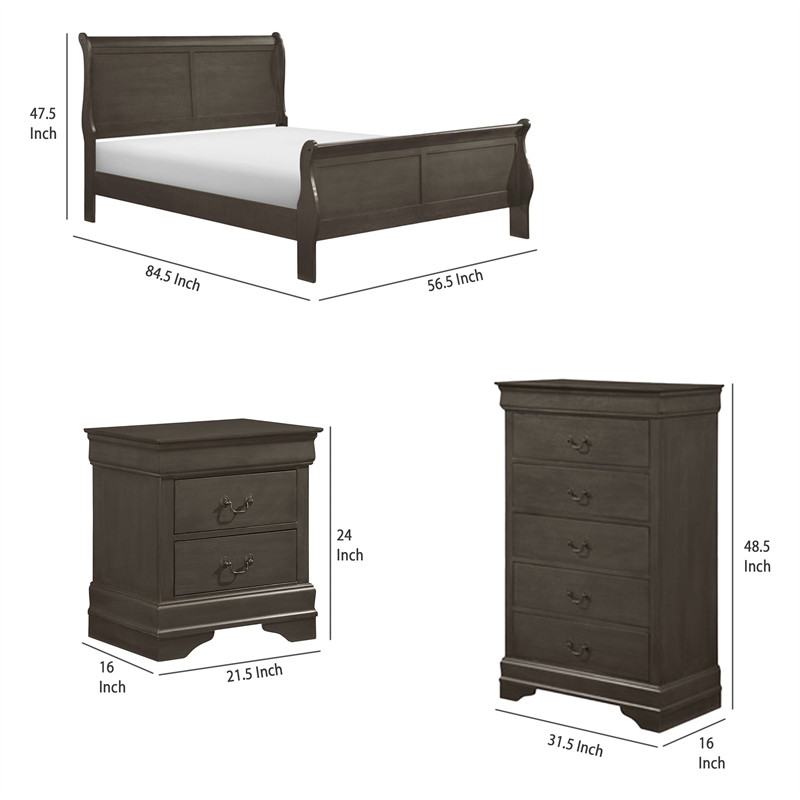 Fy Three Piece Full Size Bedroom Set- Modern Brass Metal Handles- Stained Gray